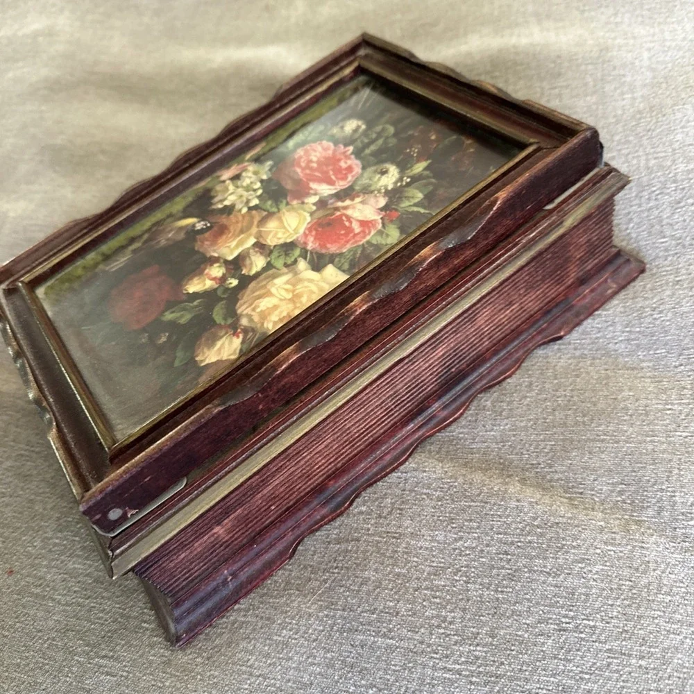 Vintage 1940s Wooden Trinket Jewelry Stationary Box W Mirror Floral Design